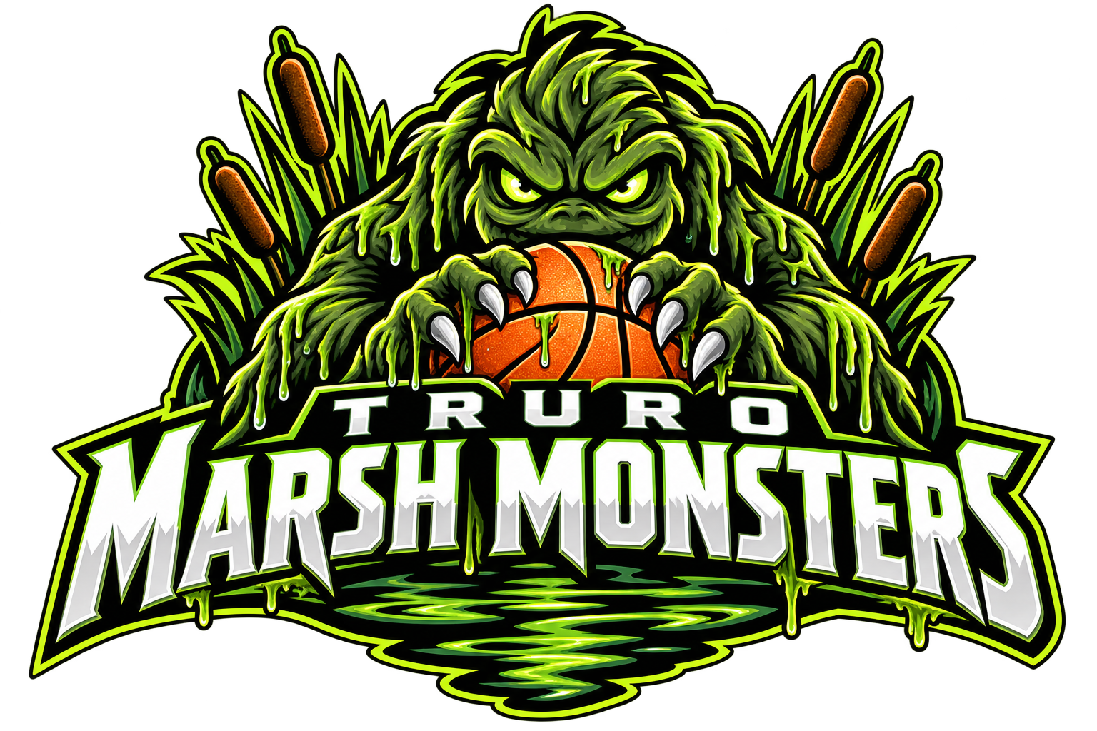 Truro Marsh Monsters crest: a green marsh monster gripping a basketball